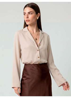 Principessa - Camisa Manga Longa Gola Notch em Viscose Bege Marla - PRINCIPESSA