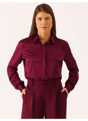 Principessa - Camisa Manga Longa Regular em Cetim Vinho Elizangela - PRINCIPESSA