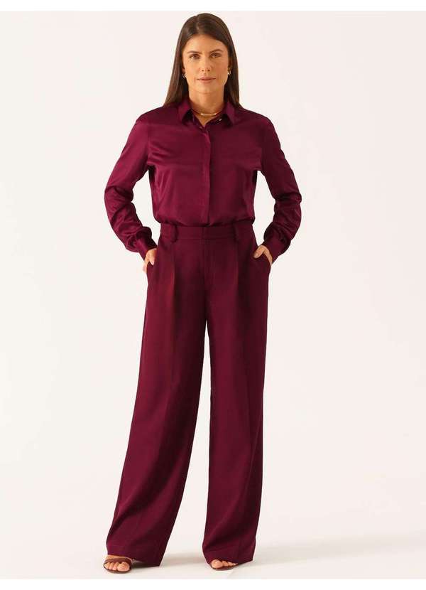 Principessa - Camisa Manga Longa Regular em Cetim Vinho Elizangela 2