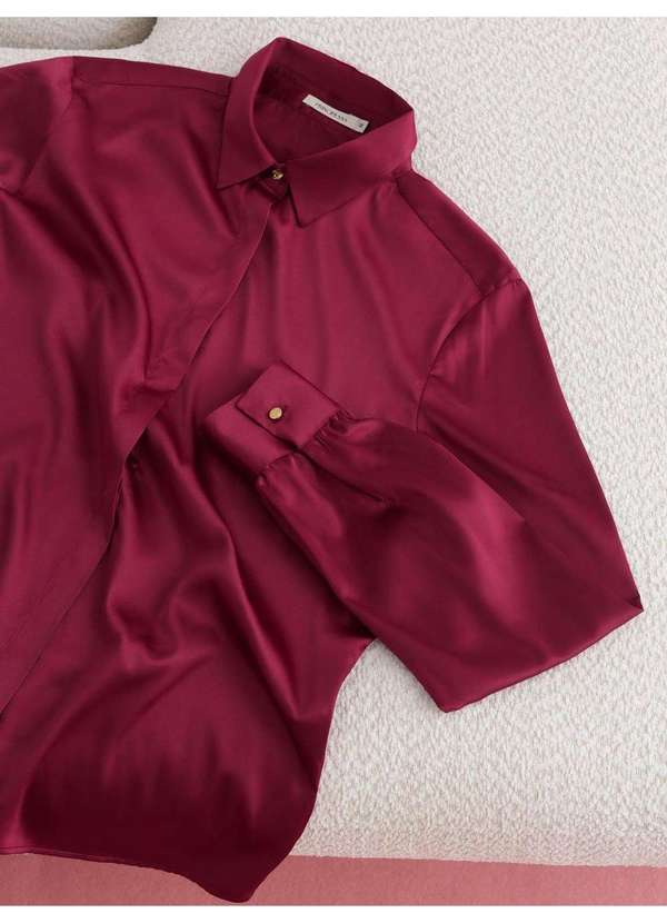 Principessa - Camisa Manga Longa Regular em Cetim Vinho Elizangela 3