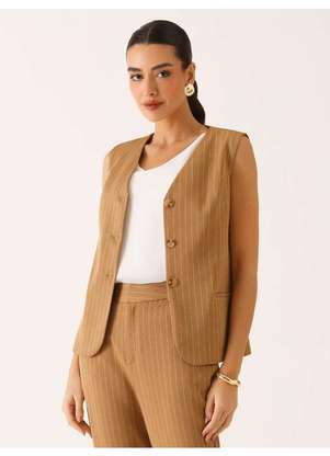 Principessa - Colete Alfaiataria Intermediário em Viscose Listrada Camel Tina - PRINCIPESSA