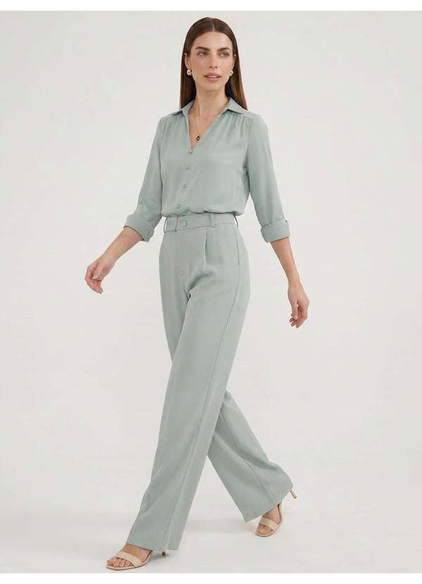 Principessa - Calça Wide Leg de Alfaiataria em Viscose Verde Água Silvana