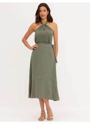 Principessa - Saia Transpassada Longuete em Crepe Verde Oliva Quesia - PRINCIPESSA