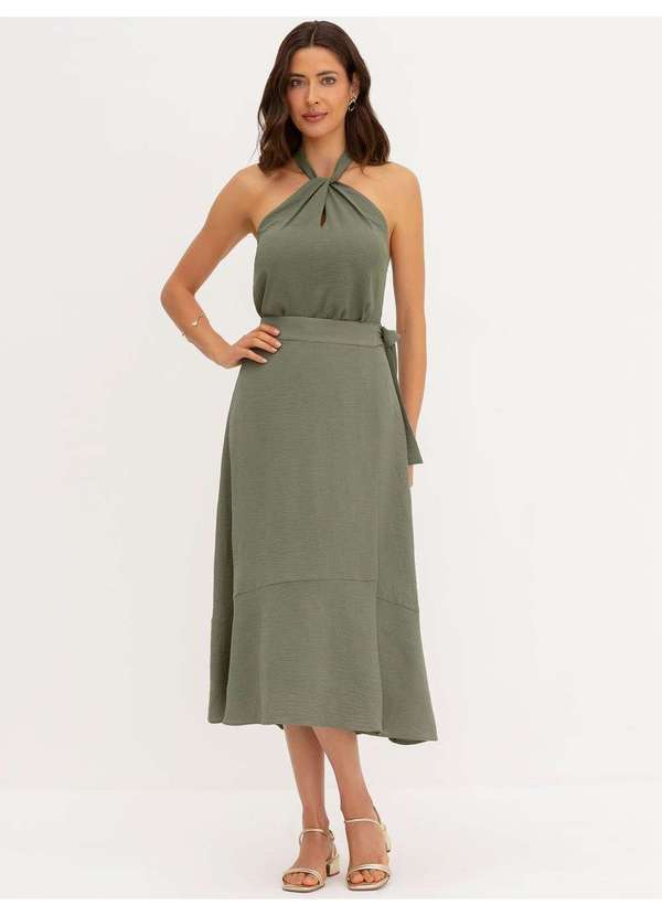 Principessa - Saia Transpassada Longuete em Crepe Verde Oliva Quesia