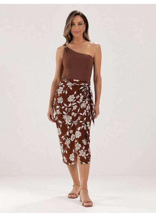 Principessa - Saia Longuete com Estampa Floral Marrom e Off White Liara