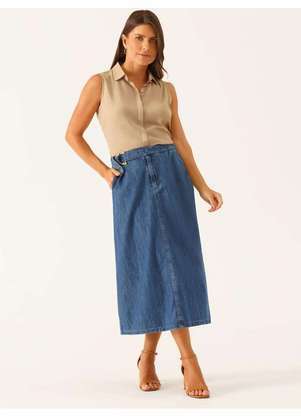 Principessa - Saia Jeans Evasê Longuete Azul Médio Vanice - PRINCIPESSA