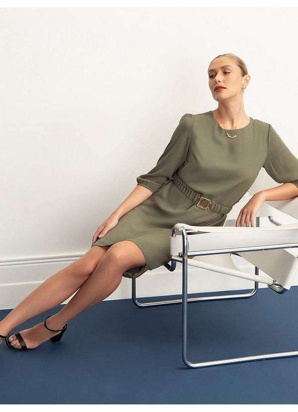 Principessa - Vestido com Cinto e Fivela Dourada Verde Oliva Vilmara