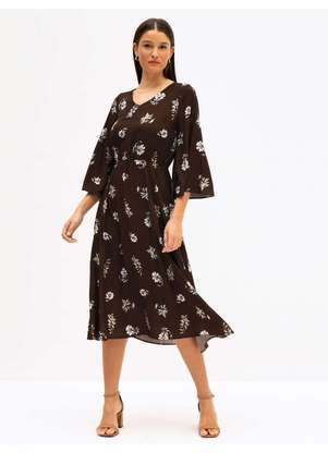 Principessa - Vestido Maxi Longuete em Viscose Estampada Floral Marrom Giuliane - PRINCIPESSA