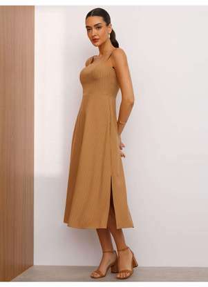 Principessa - Vestido Alfaiataria Midi em Viscose Listrada Camel Tricia - PRINCIPESSA