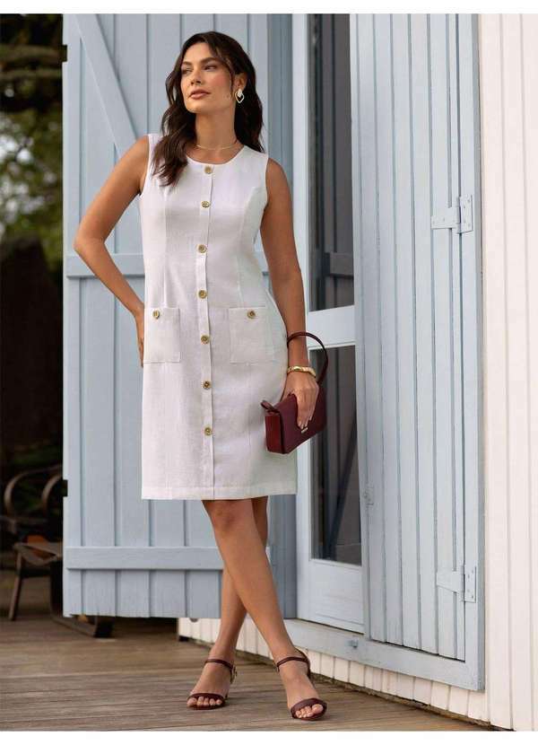 Principessa - Vestido Clássico em Viscose Fluid com Linho Off White Judy