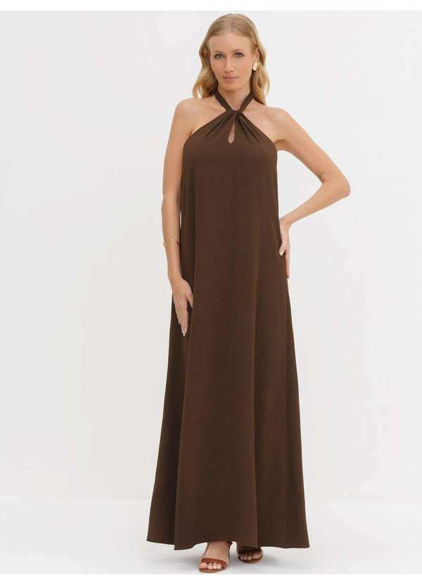 Principessa - Vestido Frente Única Longo em Crepe Marrom Patrizia