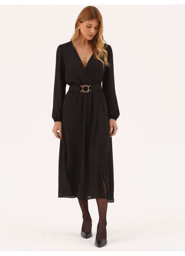 Principessa - Vestido Longuete com Mangas em Crepe Preto Catarina