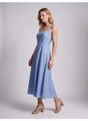 Principessa - Vestido Longuete com Saia Evasê em Linho Azul Sereno Jeysi - PRINCIPESSA