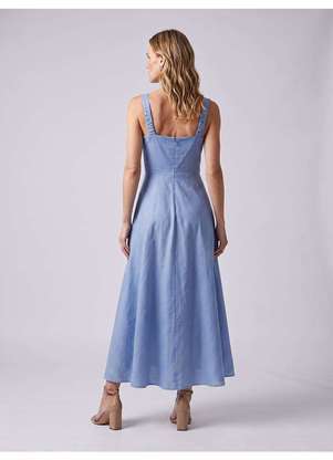 Principessa - Vestido Longuete com Saia Evasê em Linho Azul Sereno Jeysi - PRINCIPESSA