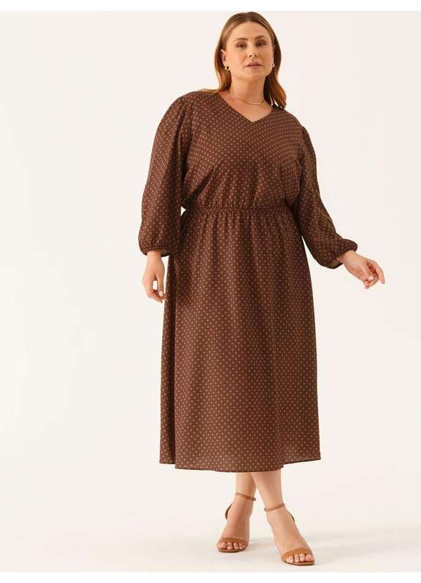 Principessa - Vestido Longuete em Crepe Plus Size Estampado Marrom Liviana