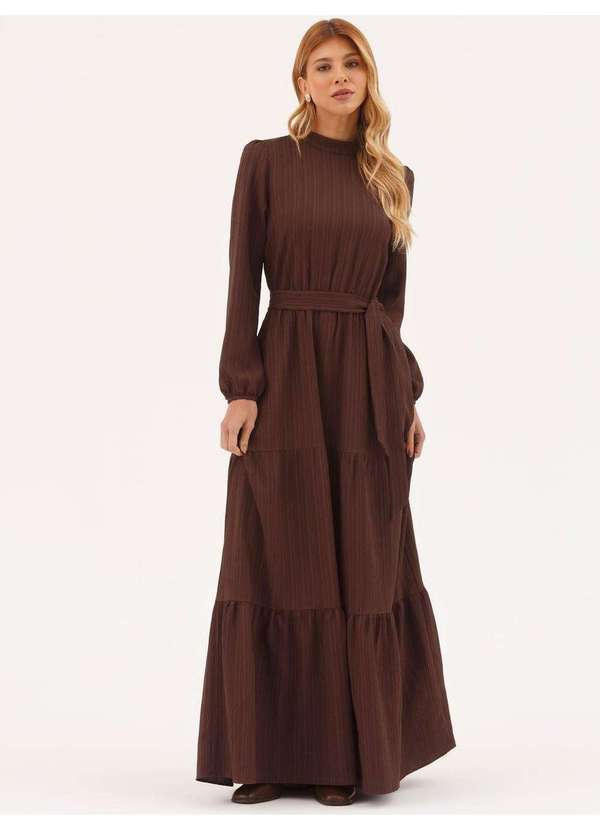 Principessa - Vestido Manga Longa em Crepe Texturizado Marrom Esilda 3