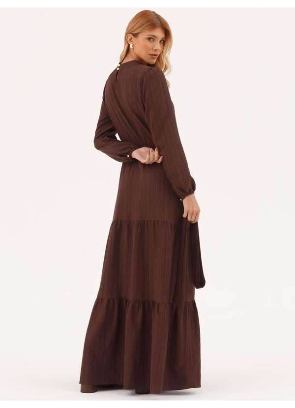Principessa - Vestido Manga Longa em Crepe Texturizado Marrom Esilda 4