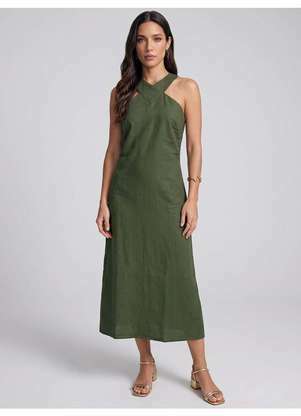 Principessa - Vestido Midi com Decote Transpassado em Linho Verde Naelya - PRINCIPESSA