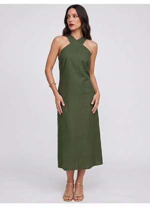 Principessa - Vestido Midi com Decote Transpassado em Linho Verde Naelya - PRINCIPESSA