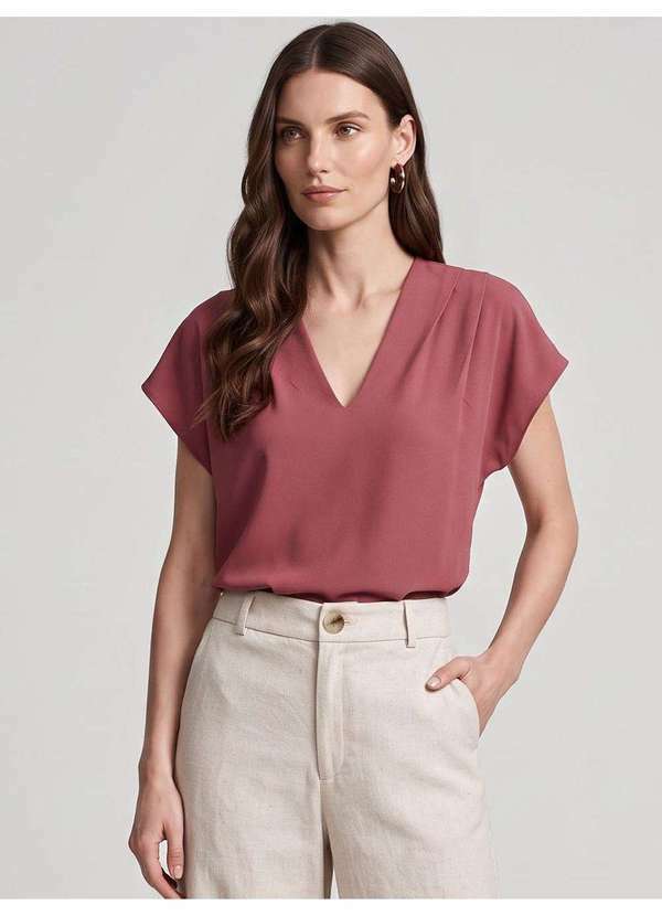 Principessa - Blusa em Crepe com Decote V e Pregas Terrracota Oliviana