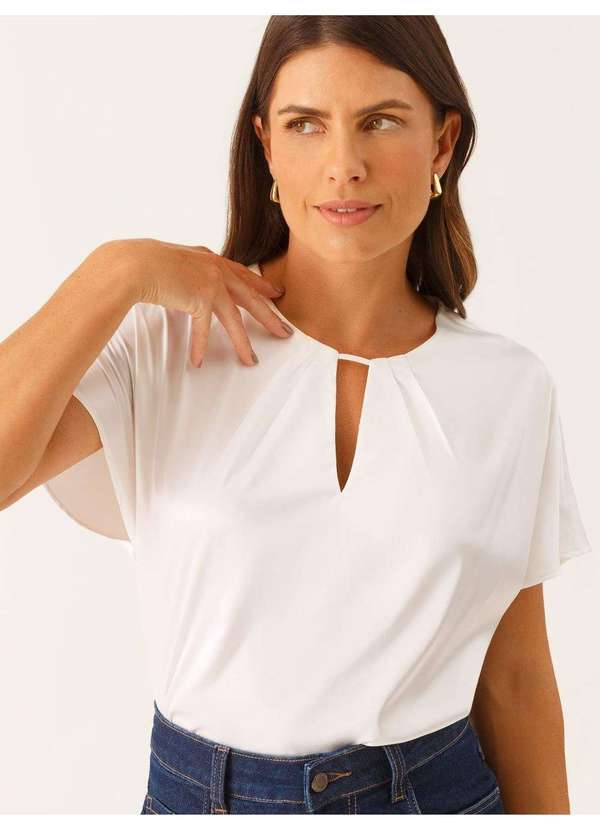 Principessa - Blusa Gola Abertura com Pregas Acetinado Off White Viliane