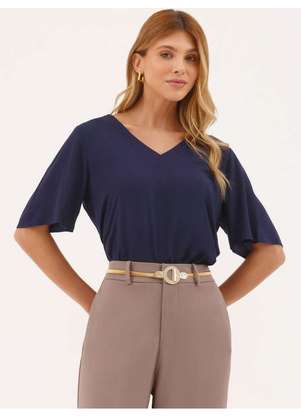 Principessa - Blusa Manga Curta Decote V em Viscose Marinho Marlu - PRINCIPESSA