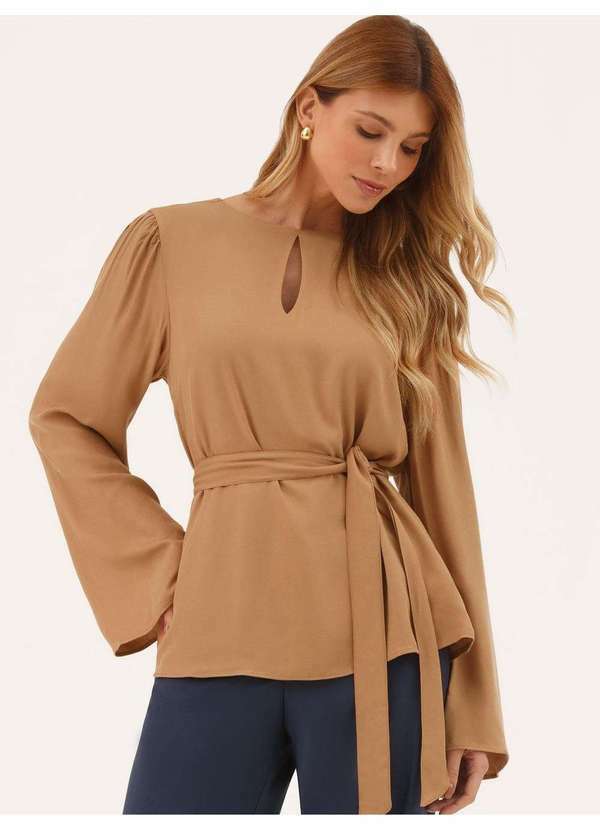 Principessa - Blusa Manga Longa com Amarração em Viscose Canela Esmé