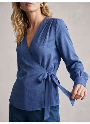 Principessa - Blusa Manga Longa com Transpasse e Amarração Azul Esmerine - PRINCIPESSA