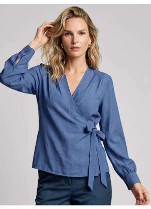 Principessa - Blusa Manga Longa com Transpasse e Amarração Azul Esmerine - PRINCIPESSA