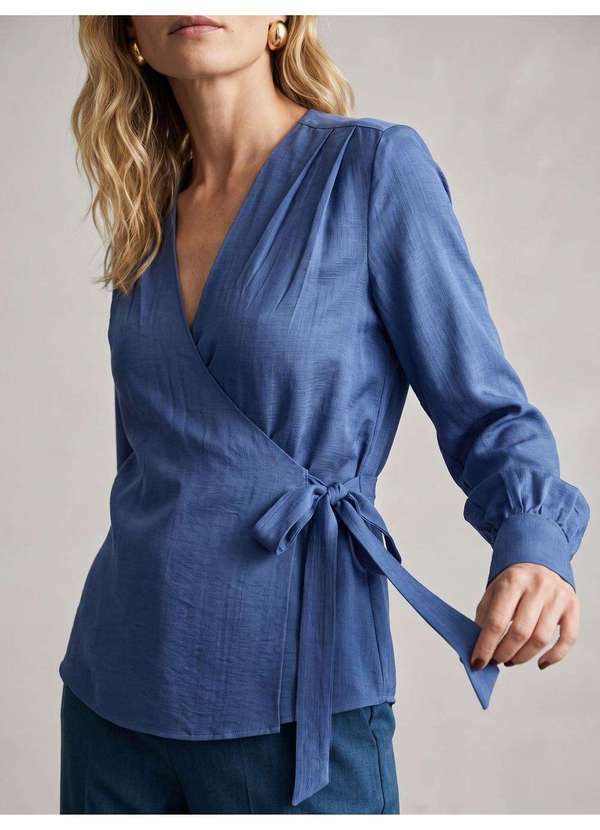 Principessa - Blusa Manga Longa com Transpasse e Amarração Azul Esmerine