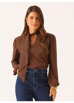 Principessa - Blusa Manga Longa Regular em Crepe Marrom Yandra - PRINCIPESSA