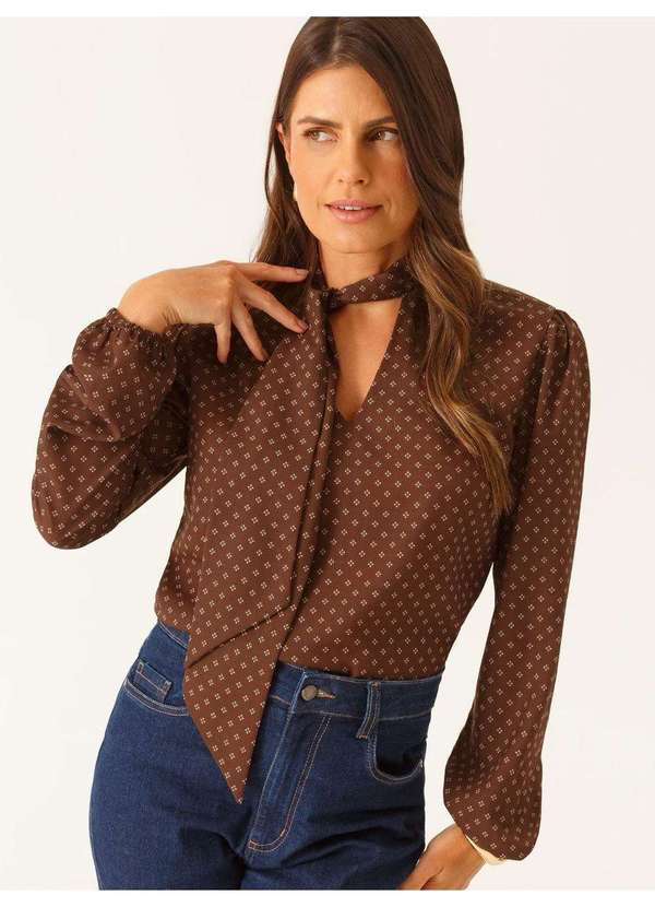 Principessa - Blusa Manga Longa Regular em Crepe Marrom Yandra