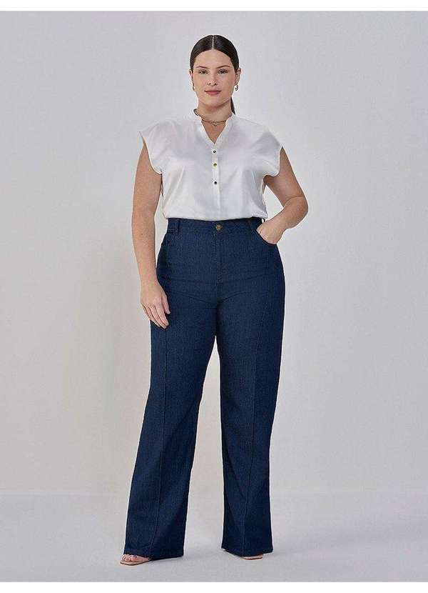Principessa - Calça Wide Leg Jeans com Nervura Plus Size Nataly