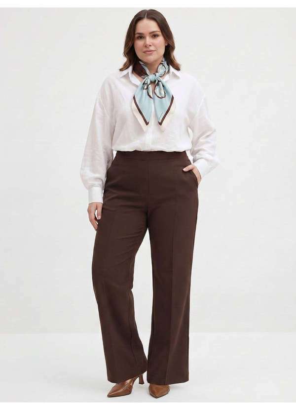 Principessa - Calça Wide Leg de Alfaiataria Plus Size Marrom Cibele