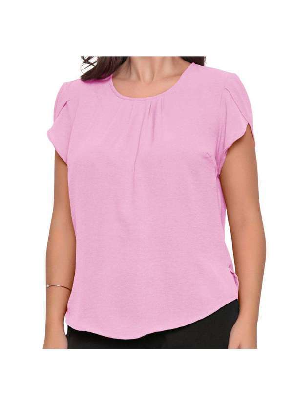 Allmaria - Blusa Feminina Manga Curta Decote com Pregas Fecho com Botão Rosa