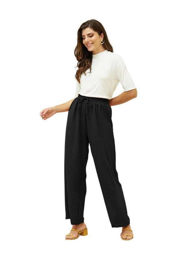 Calça pantalona feminina com elástico na cintura estampada bege - Calça  pantalona feminina com elástico na cintura estampada bege