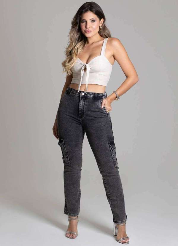 Sawary - Calça Jeans Sawary Reta Cargo Preto 2