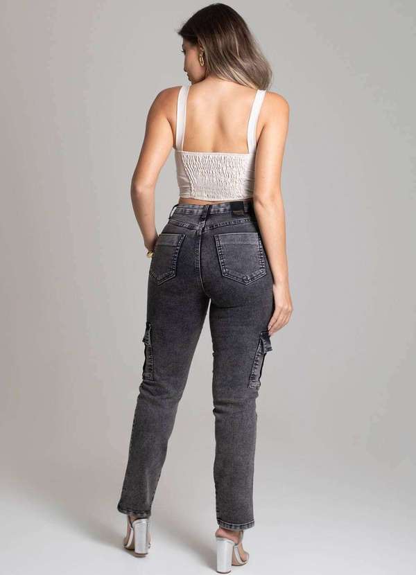 Sawary - Calça Jeans Sawary Reta Cargo Preto 4