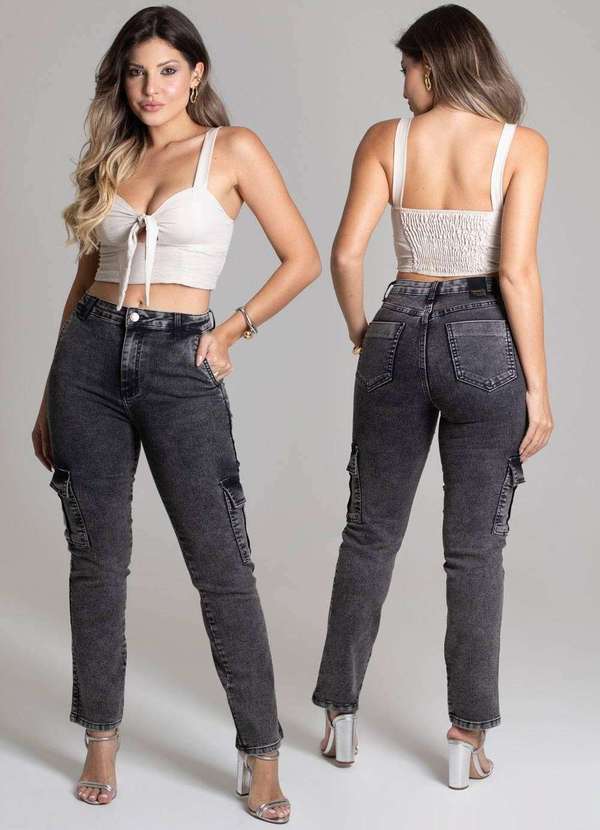 Sawary - Calça Jeans Sawary Reta Cargo Preto 6