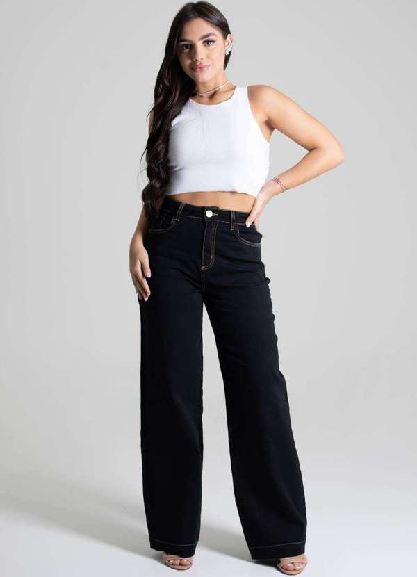 Sawary - Calça Jeans Sawary Wide Leg Preto