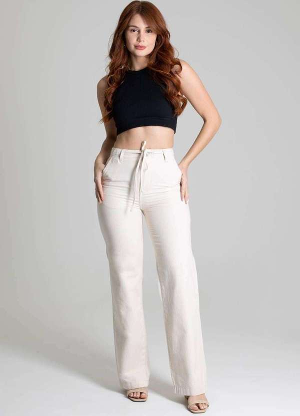 Sawary - Calça Linho Sawary Pantalona Bege