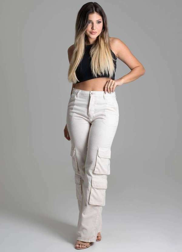 Sawary - Calça Linho Sawary Wide Leg Cargo - 277855 Bege 2