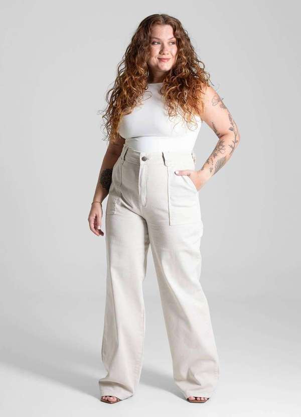 Sawary - Calça Sarja Sawary Plus Size Wide Leg - 282158 Bege 2