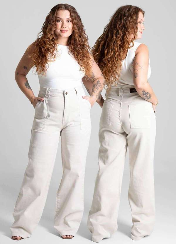 Sawary - Calça Sarja Sawary Plus Size Wide Leg - 282158 Bege 6