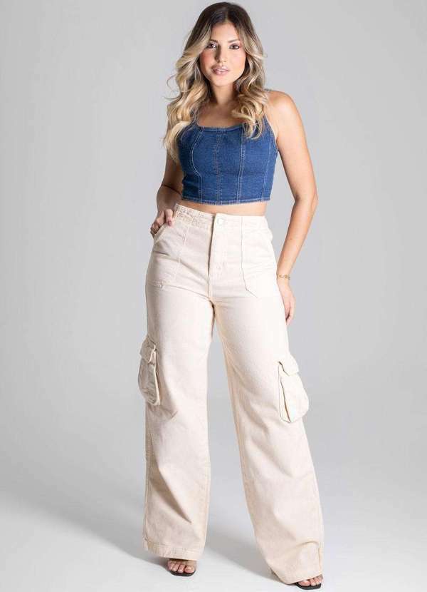 Sawary - Calça Sarja Sawary Wide Leg - 275485 Bege