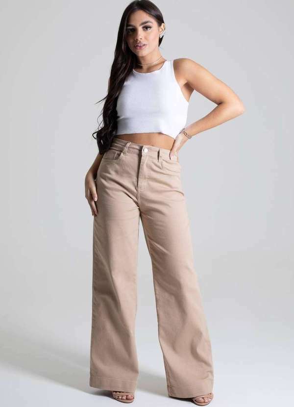 Sawary - Calça Sarja Sawary Wide Leg - 276909 Bege