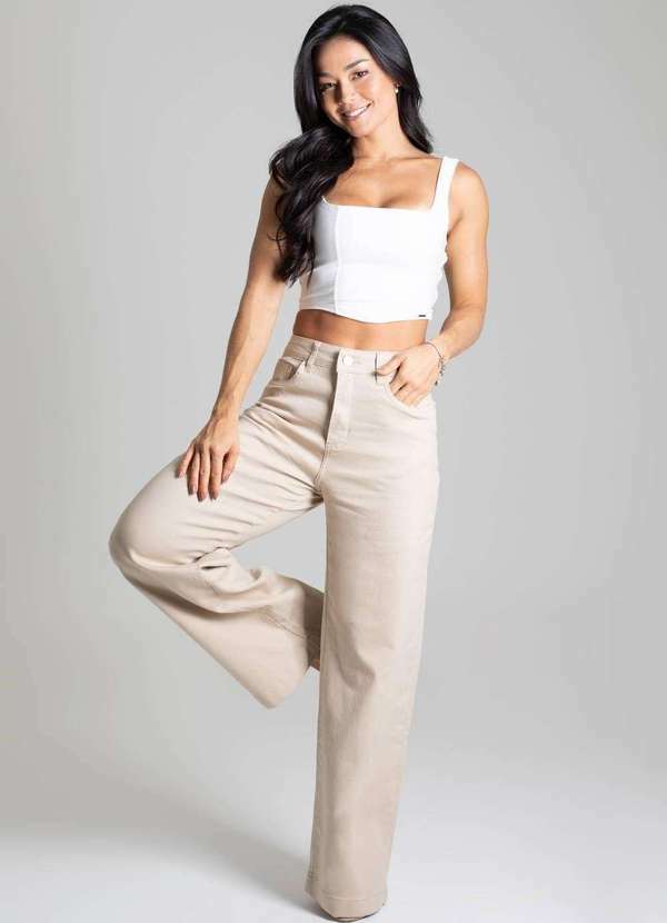 Sawary - Calça Sarja Sawary Wide Leg - 277022 Bege