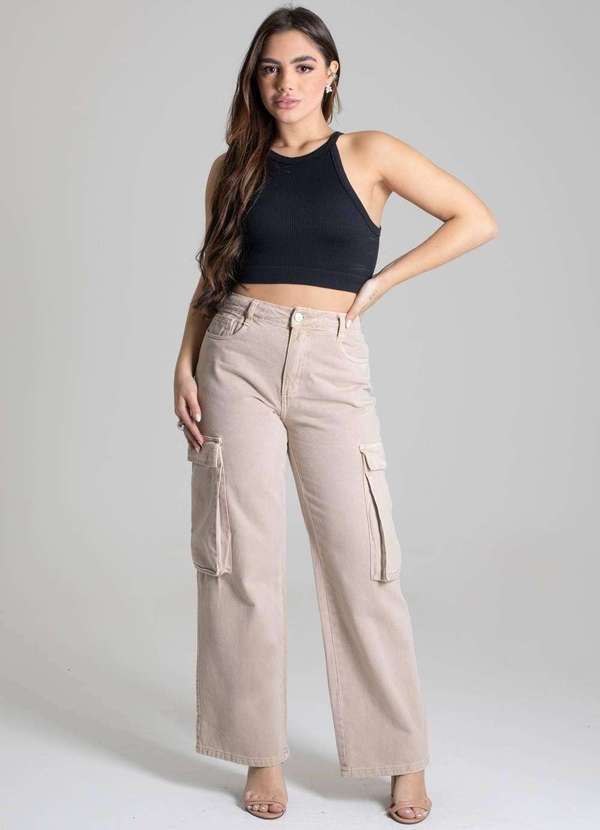 Sawary - Calça Sarja Sawary Wide Leg - 277549 Bege