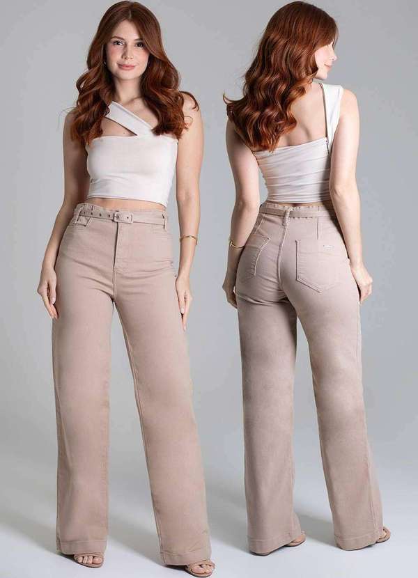 Sawary - Calça Sarja Sawary Wide Leg - 278404 Bege 6