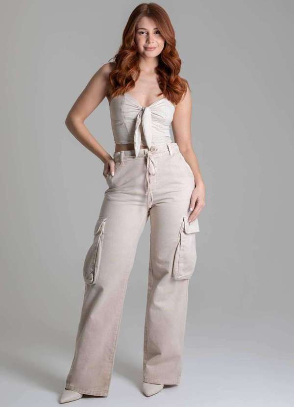 Sawary - Calça Sarja Sawary Wide Leg - 278764 Bege 2